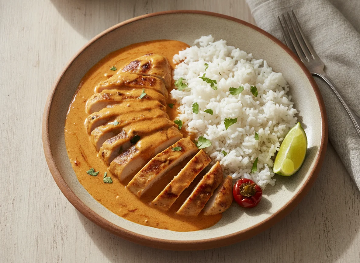 Pollo en salsa cremosa con arroz blanco photo