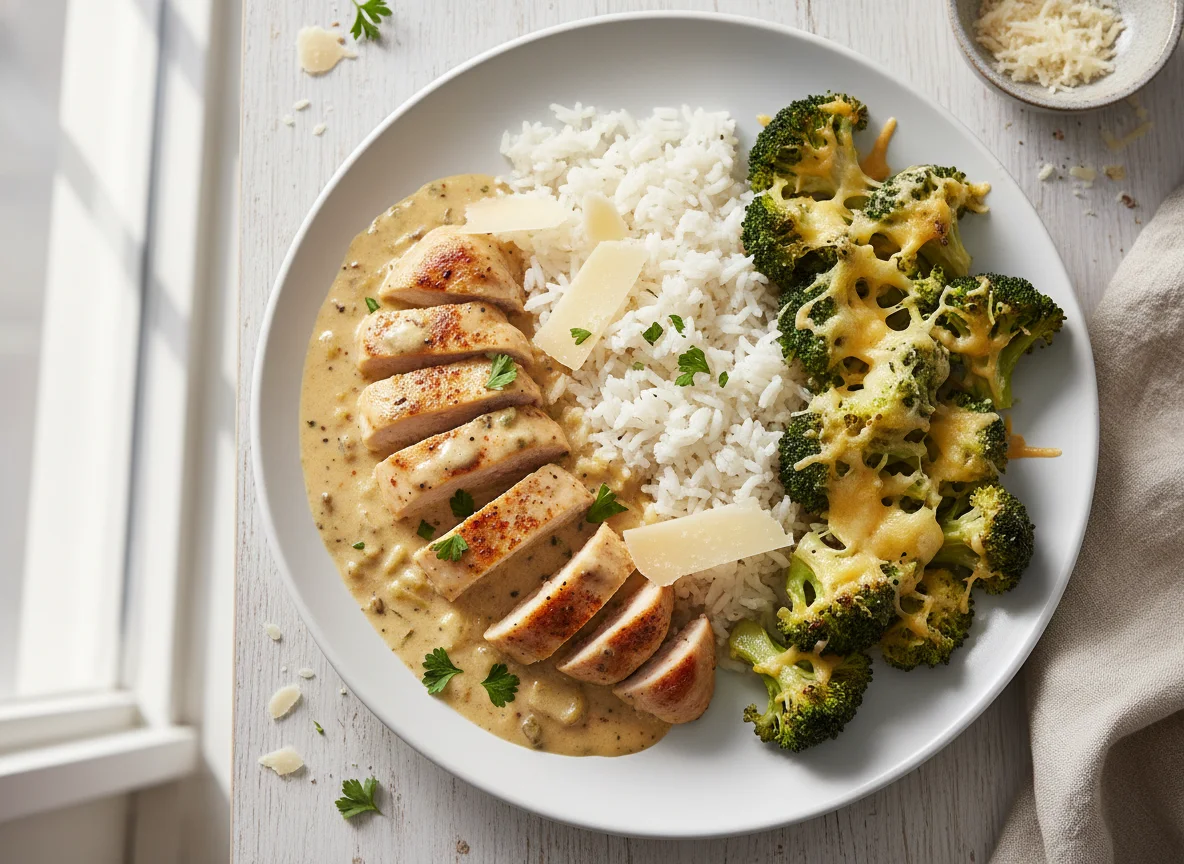 Pollo en salsa cremosa con arroz y brócoli photo