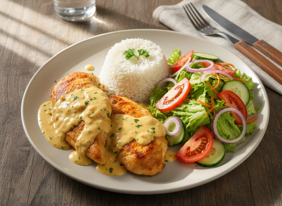 Pollo en salsa cremosa con arroz y ensalada photo