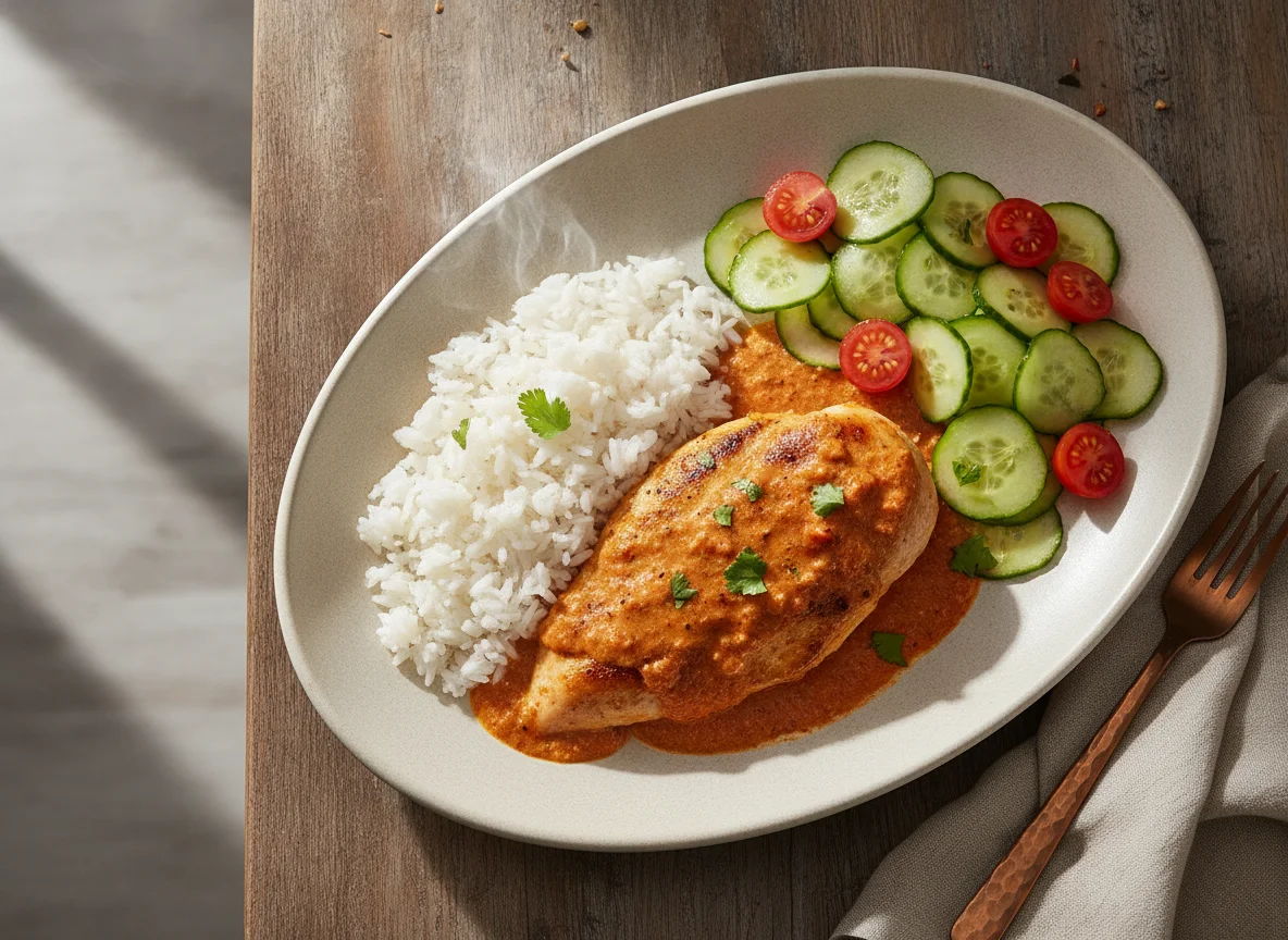Pollo en salsa cremosa con arroz y ensalada de pepino photo