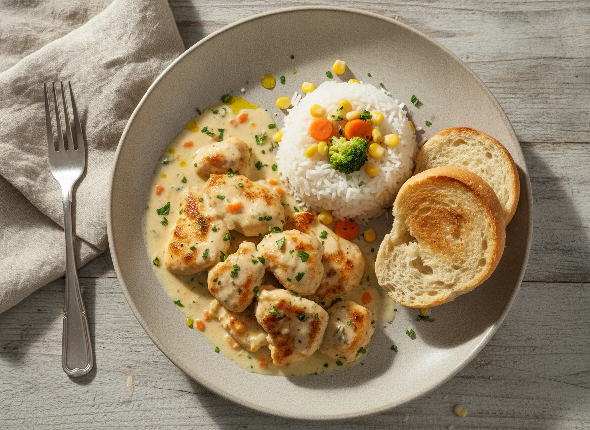 Pollo en salsa cremosa con arroz y pan photo