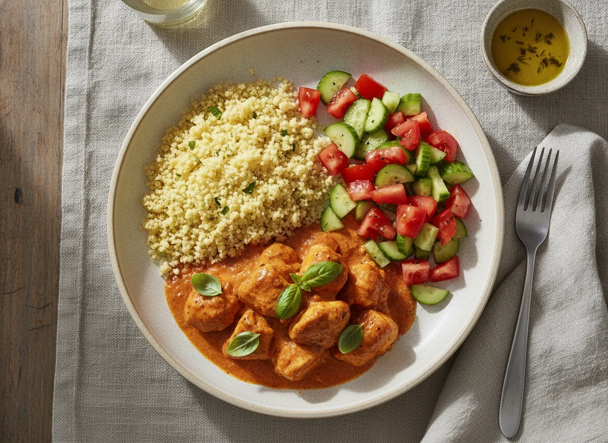 Pollo en salsa cremosa con cuscús y ensalada fresca photo