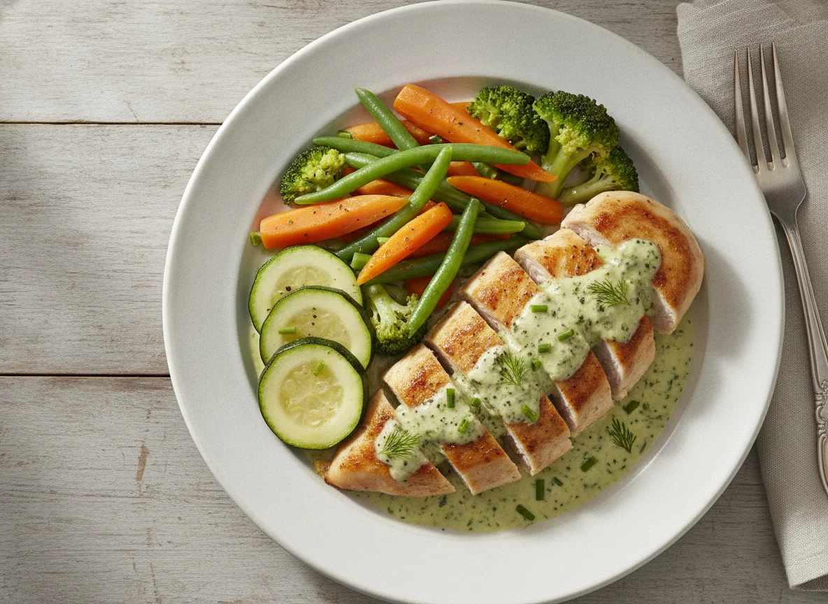 Pollo en salsa cremosa con vegetales photo