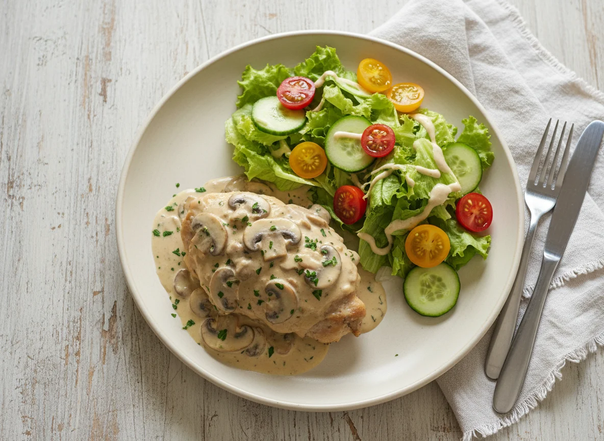 Pollo en salsa de champiñones con ensalada photo