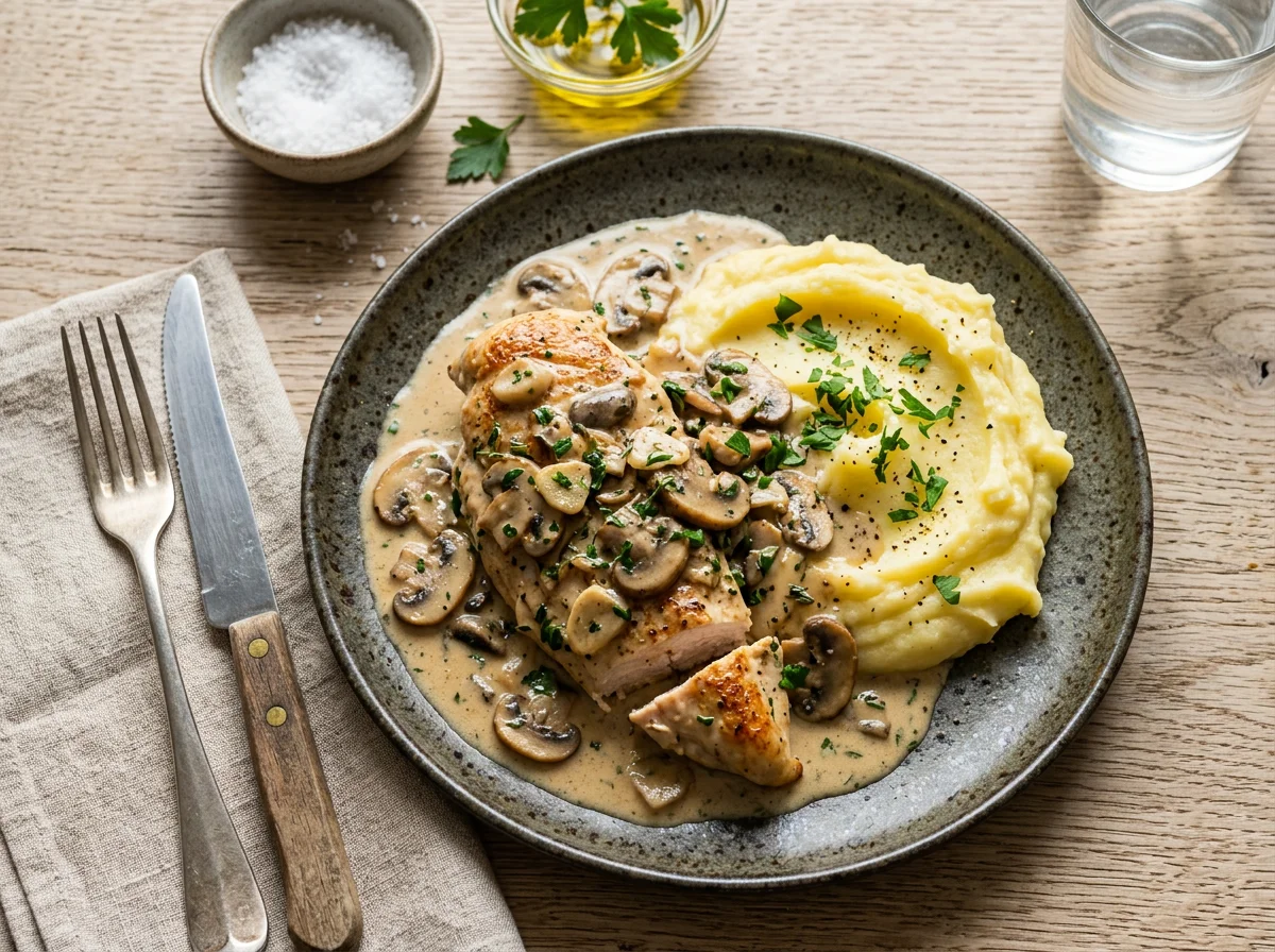 Pollo en salsa de champiñones con puré de papas photo