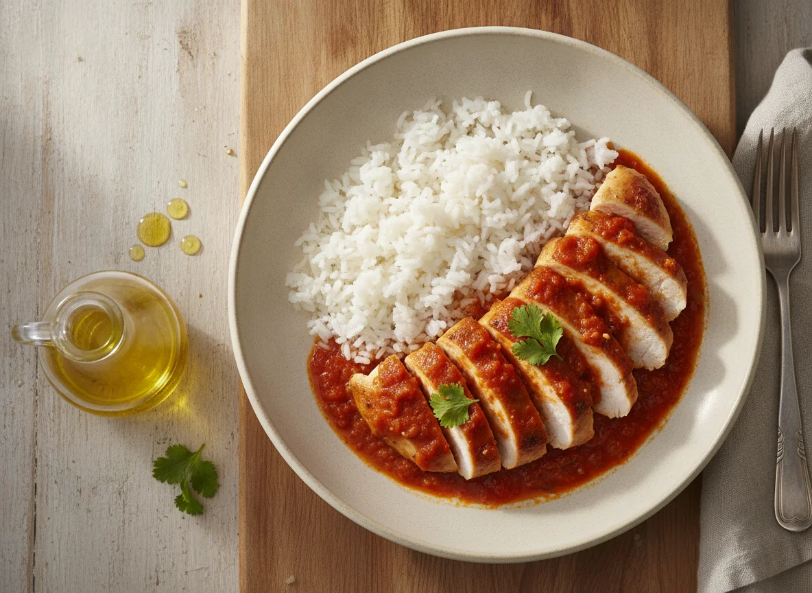 Pollo en salsa roja con arroz photo