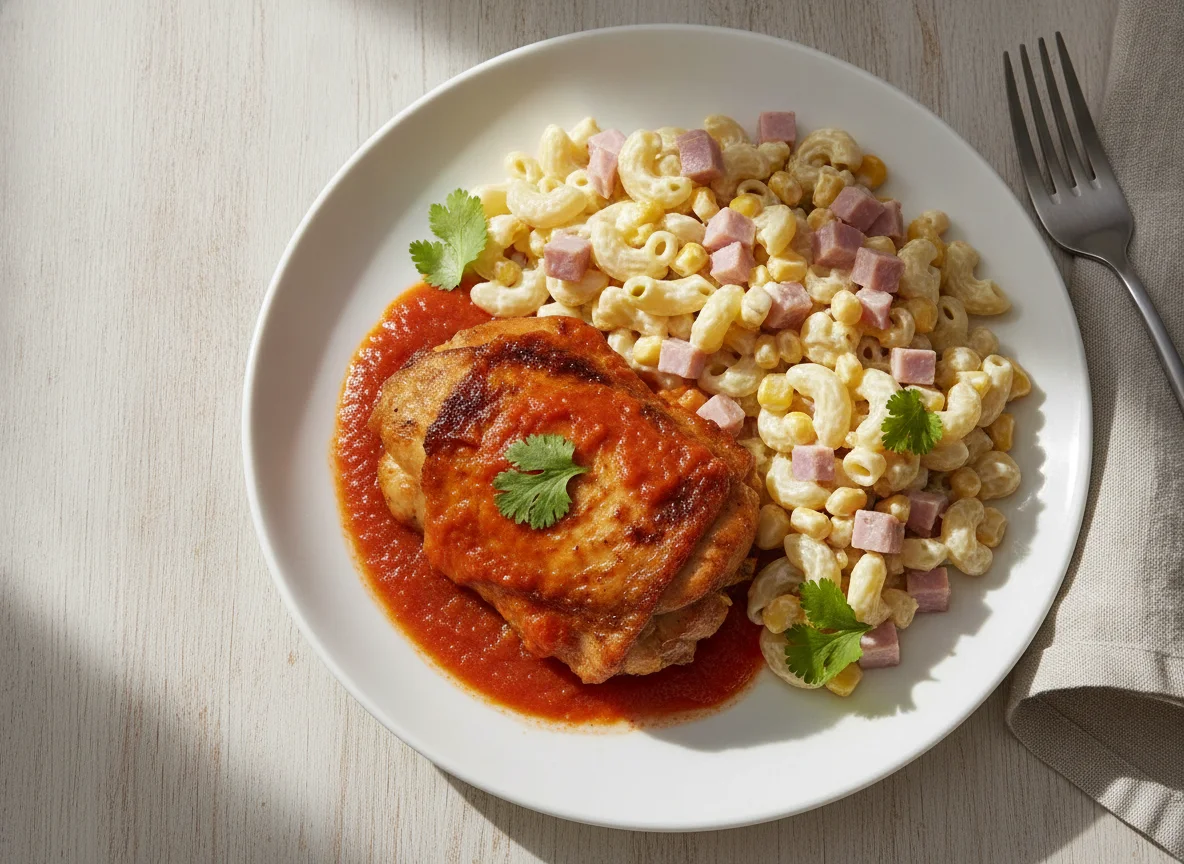 Pollo en salsa roja con ensalada de coditos photo