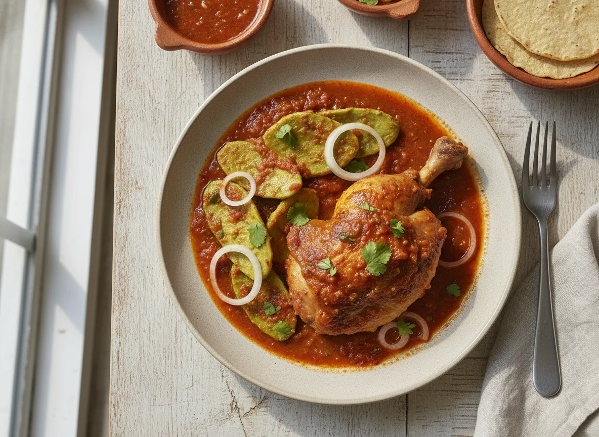 Pollo en salsa roja con nopales photo