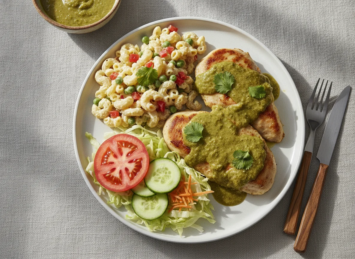 Pollo en salsa verde con ensalada y coditos photo