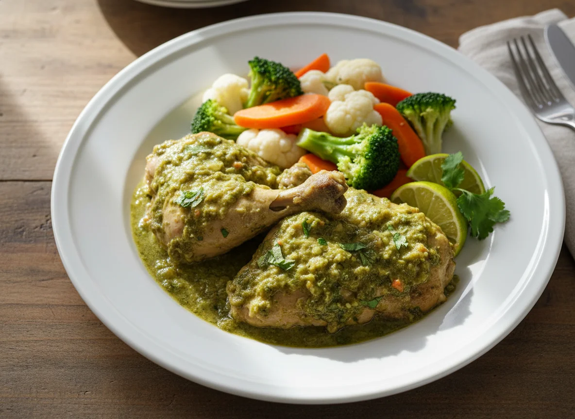 Pollo en salsa verde con vegetales al vapor photo