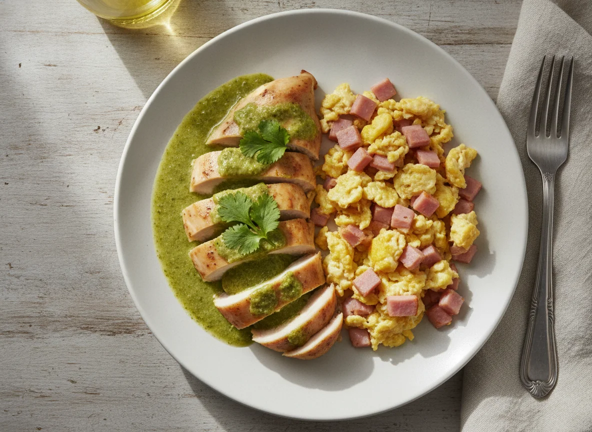 Pollo en salsa verde y huevos con jamón photo