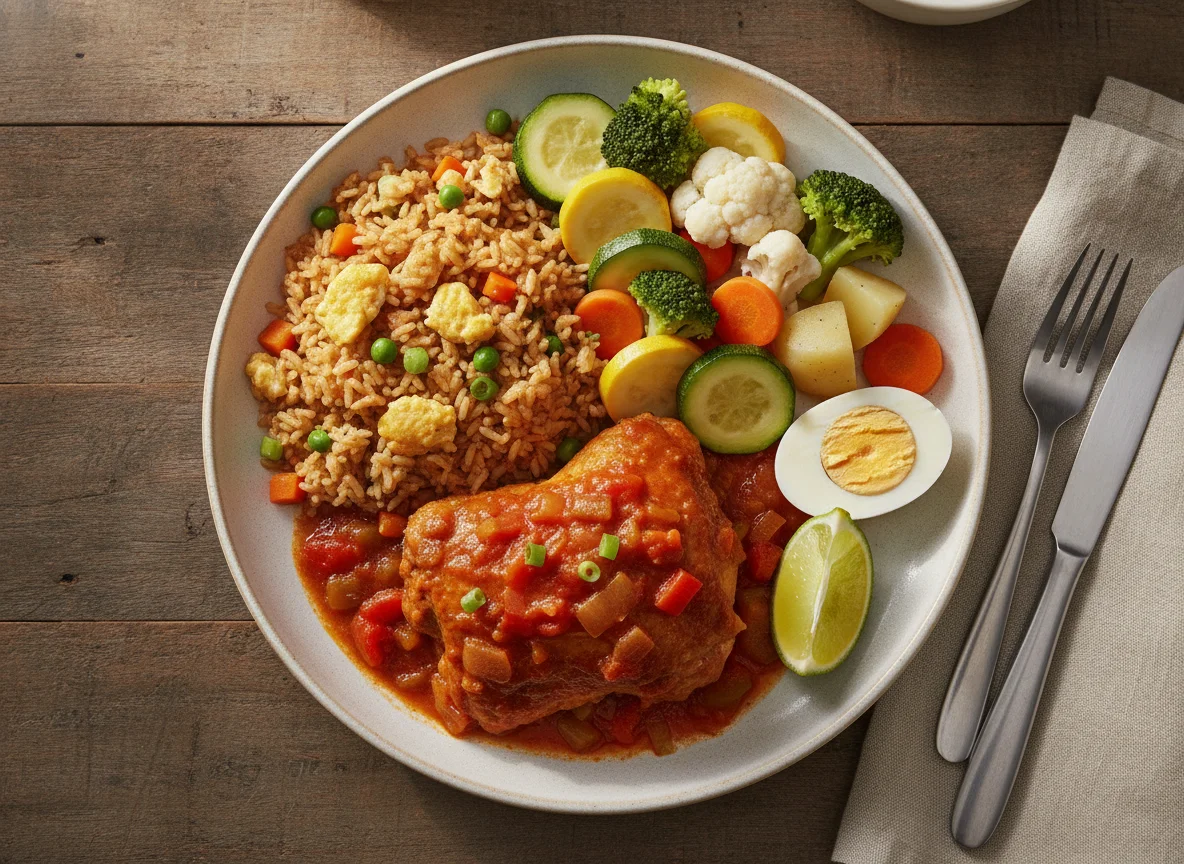 Pollo entomatado con arroz frito y vegetales al vapor photo