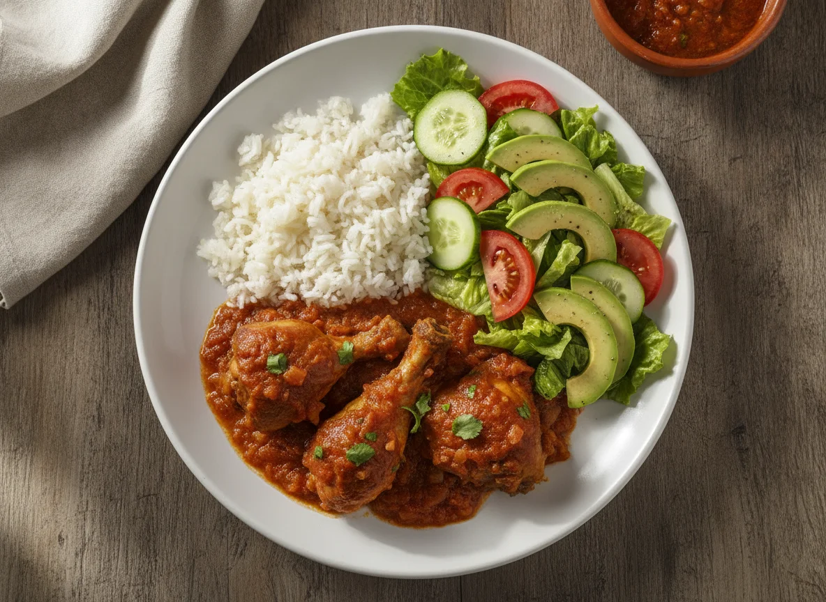 Pollo entomatado con arroz y ensalada fresca photo