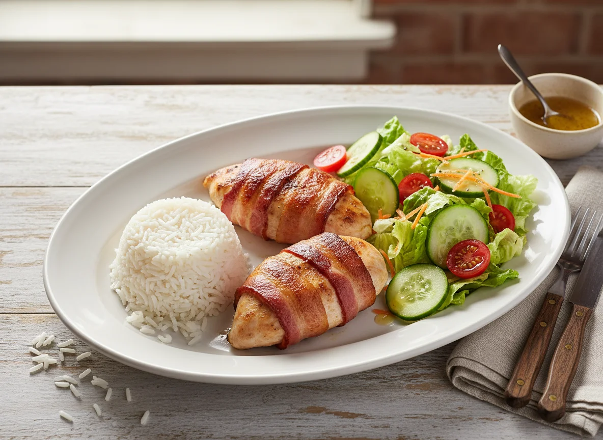Pollo envuelto en tocino con arroz y ensalada photo