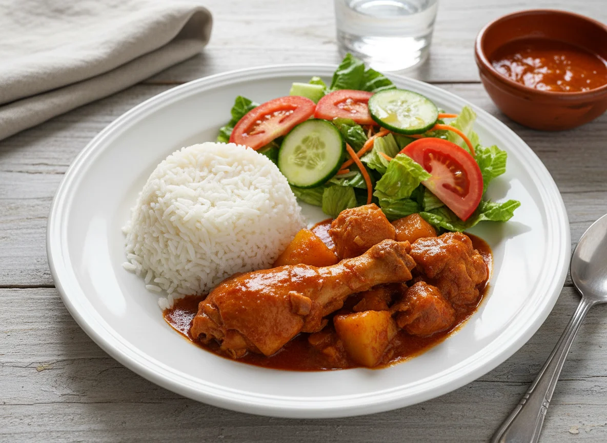 Pollo estofado con arroz y ensalada photo