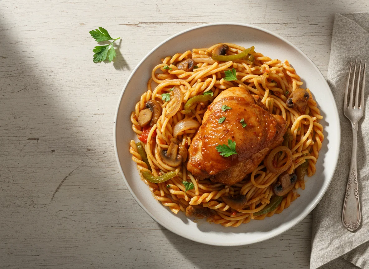 Pollo estofado con fideos y verduras photo