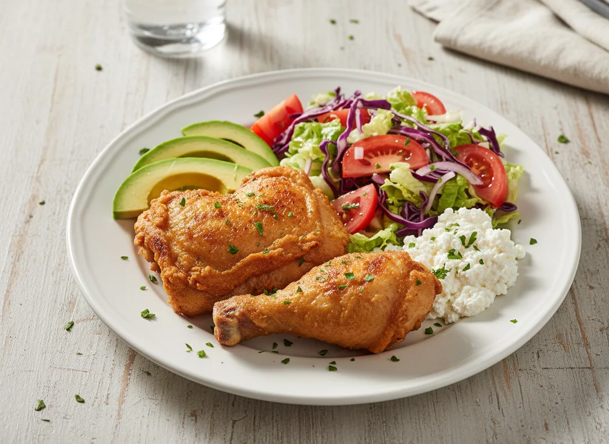 Pollo frito con aguacate y ensalada photo