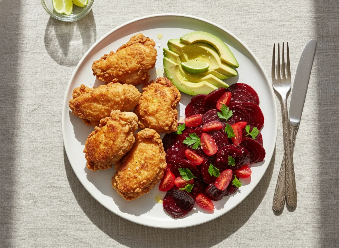 Pollo frito con aguacate y ensalada de remolacha photo