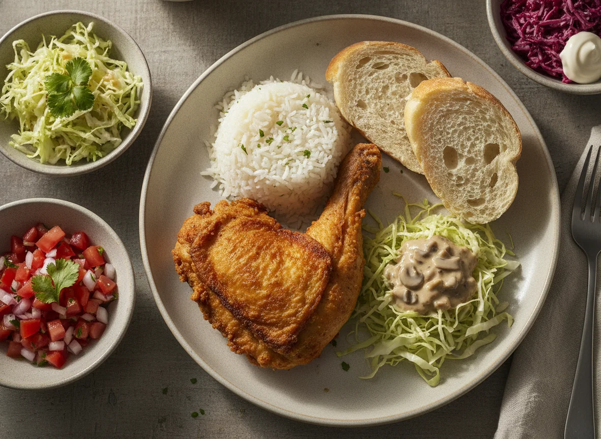 Pollo frito con arroz, ensalada y pan photo