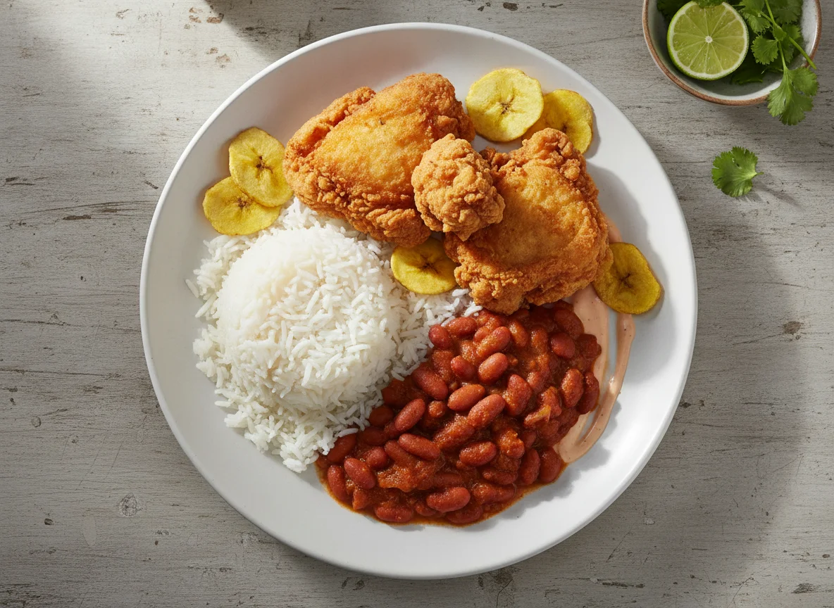 Pollo frito con arroz, frijoles y chifles photo