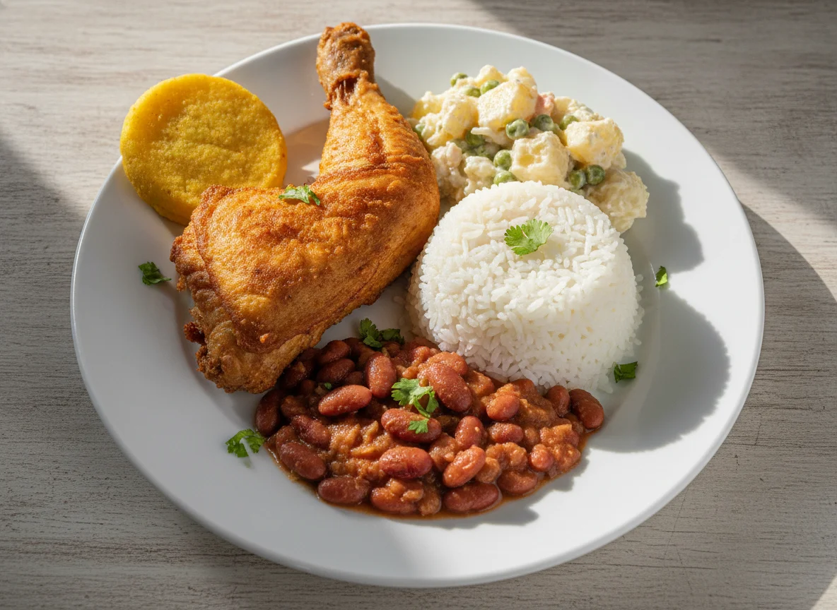 Pollo frito con arroz, frijoles y ensalada photo