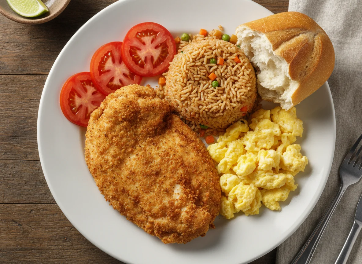 Pollo frito con arroz, huevo y pan photo