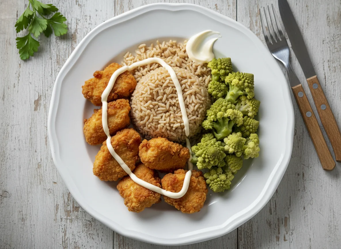 Pollo frito con arroz integral y romanesco photo