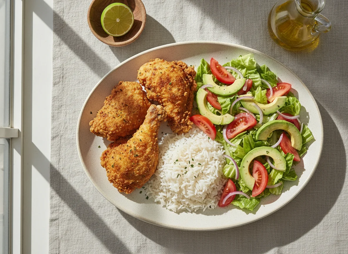 Pollo frito con arroz y ensalada de aguacate photo