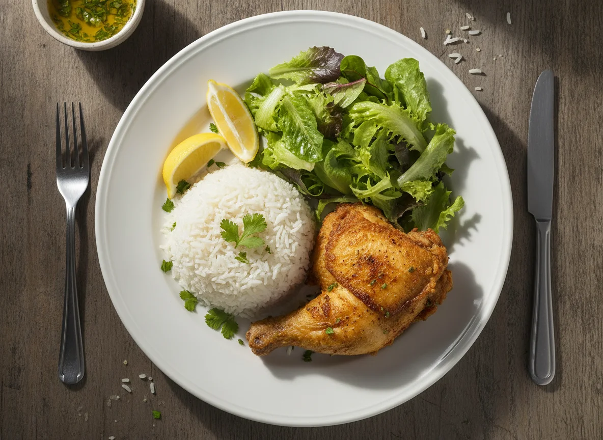 Pollo frito con arroz y ensalada de lechuga photo