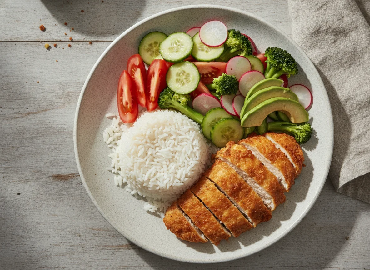 Pollo frito con arroz y ensalada fresca photo