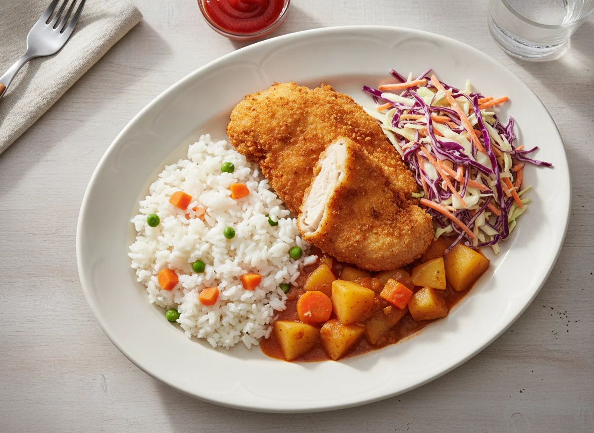 Pollo frito con arroz y ensalada photo