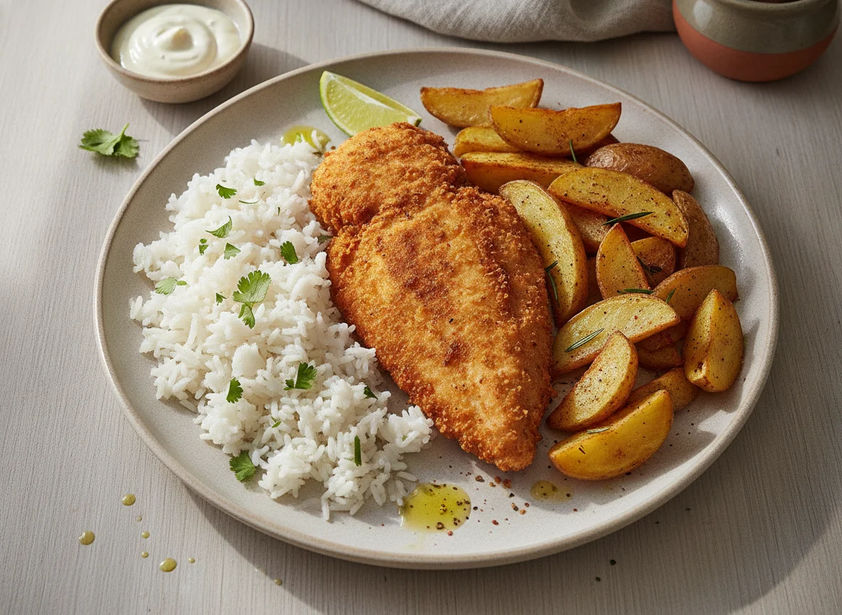 Pollo frito con arroz y papa photo