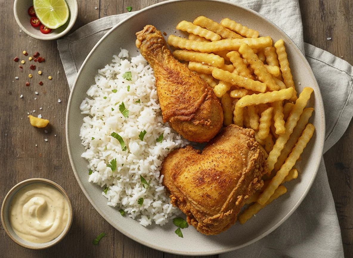 Pollo frito con arroz y papas fritas photo