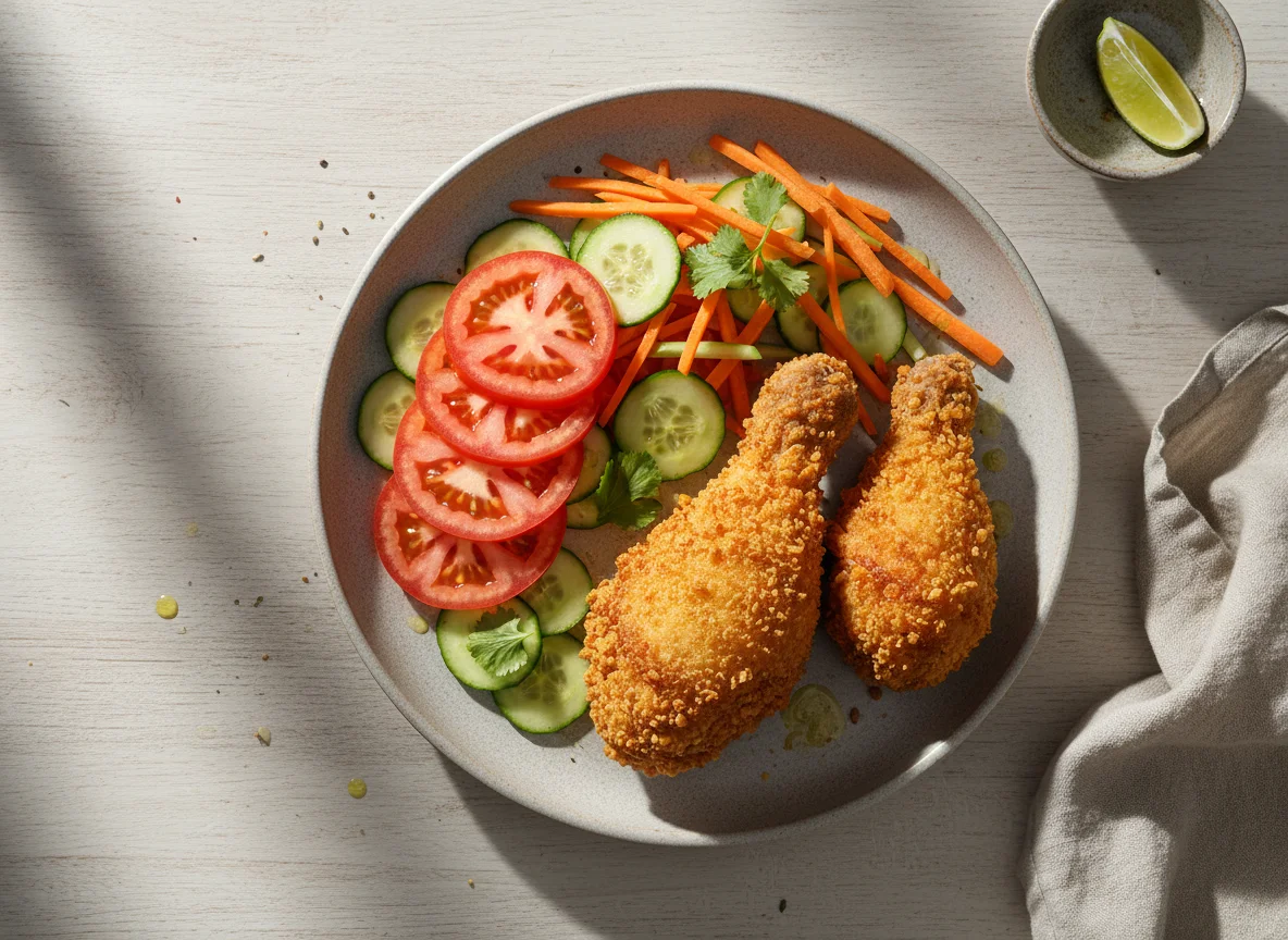 Pollo frito con ensalada de tomate, pepino y zanahoria photo