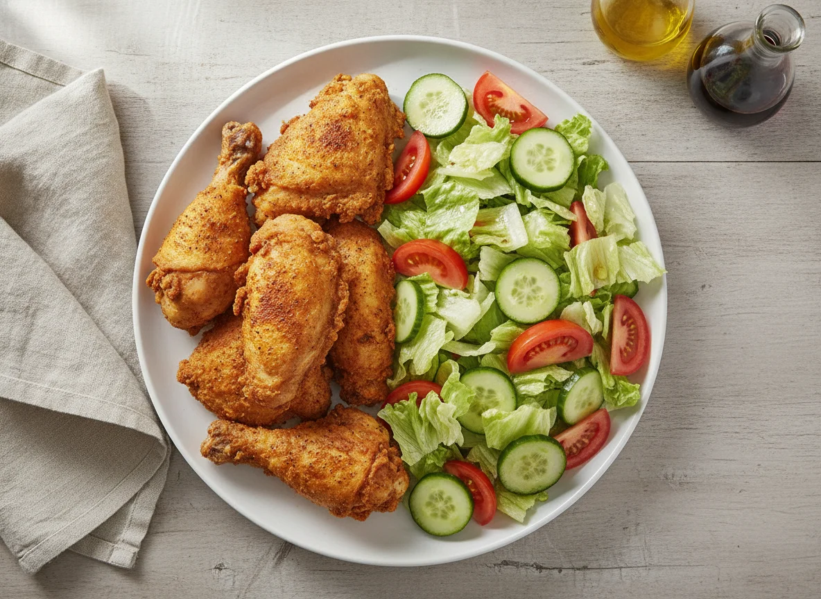 Pollo frito con ensalada verde photo