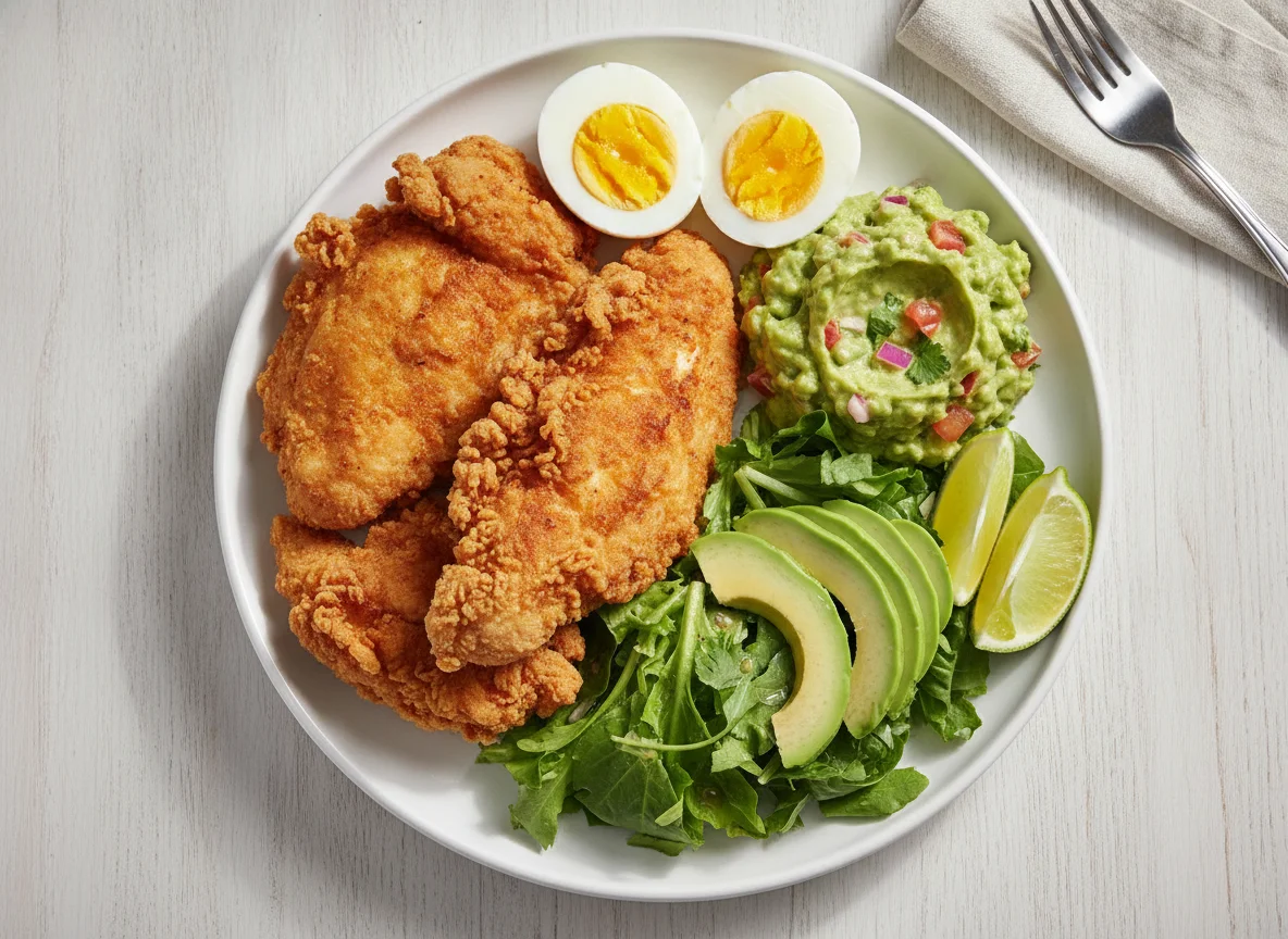Pollo frito con huevos cocidos, guacamole y ensalada photo