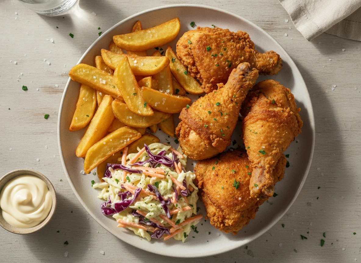 Pollo frito con papas fritas y ensalada de col photo