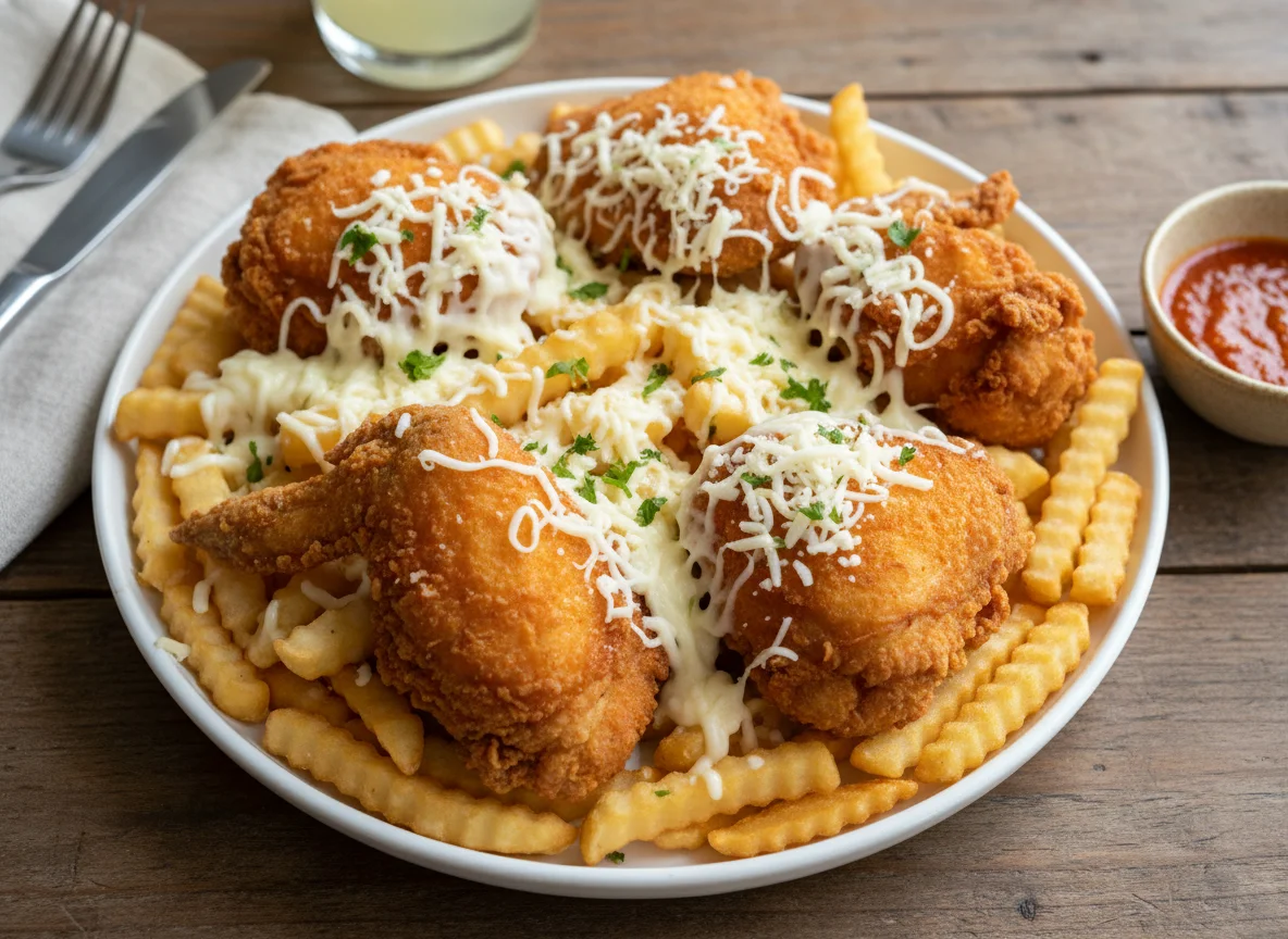 Pollo frito con papas fritas y queso photo