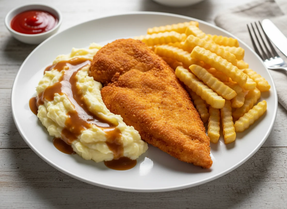 Pollo frito con puré de papa y papas fritas photo