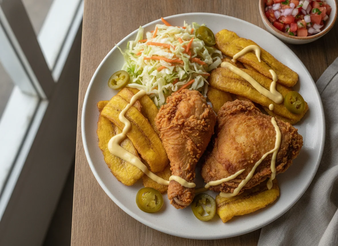 Pollo frito con tajadas de guineo verde y ensalada photo