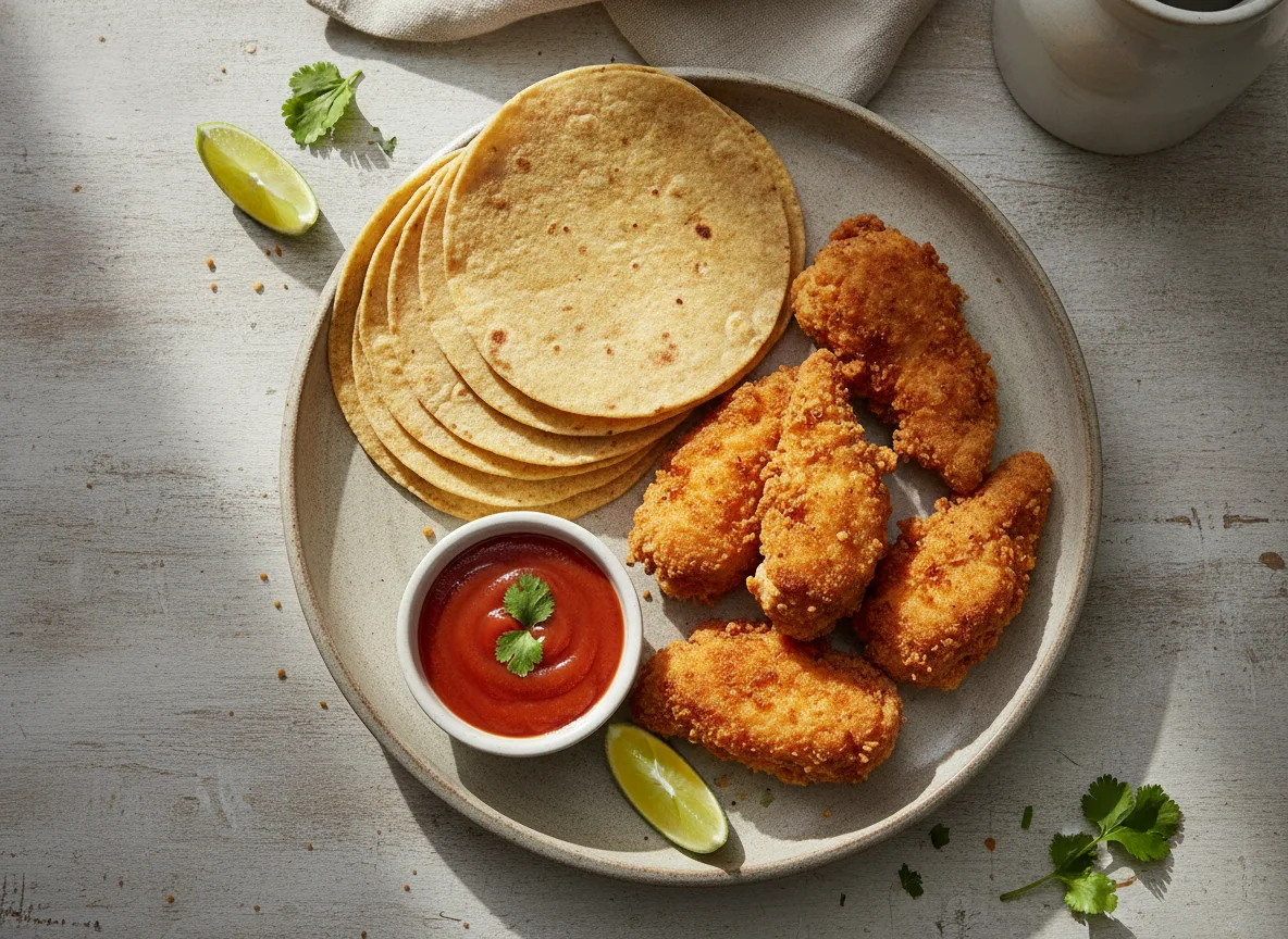 Pollo frito con tortillas y salsa photo