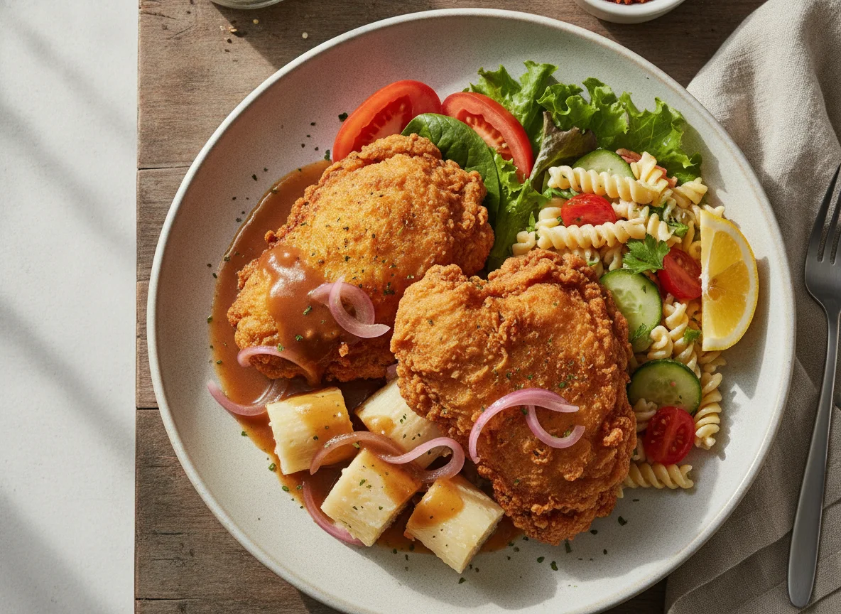 Pollo frito con yuca y ensalada de pasta photo