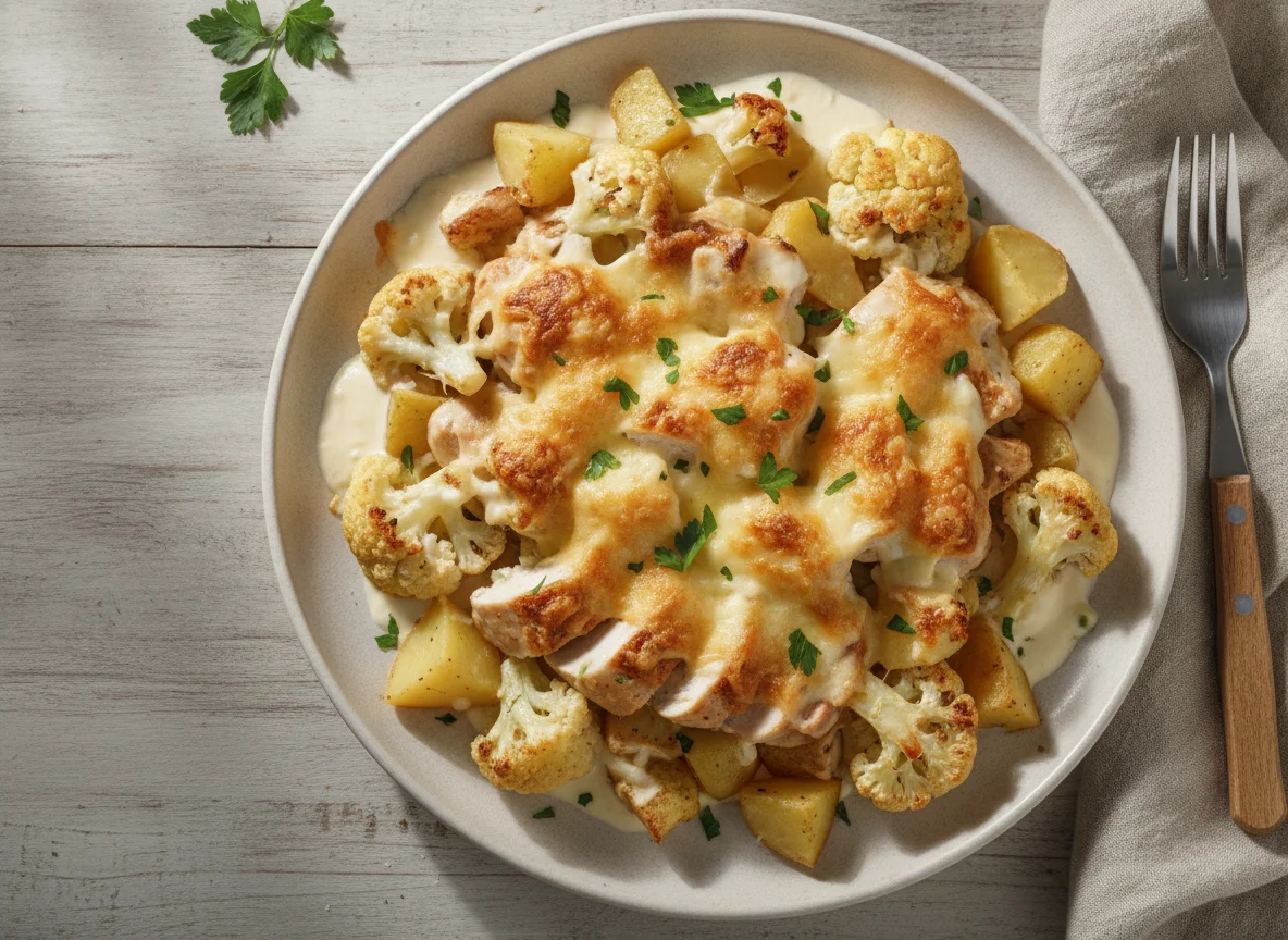 Pollo gratinado con coliflor y papa photo