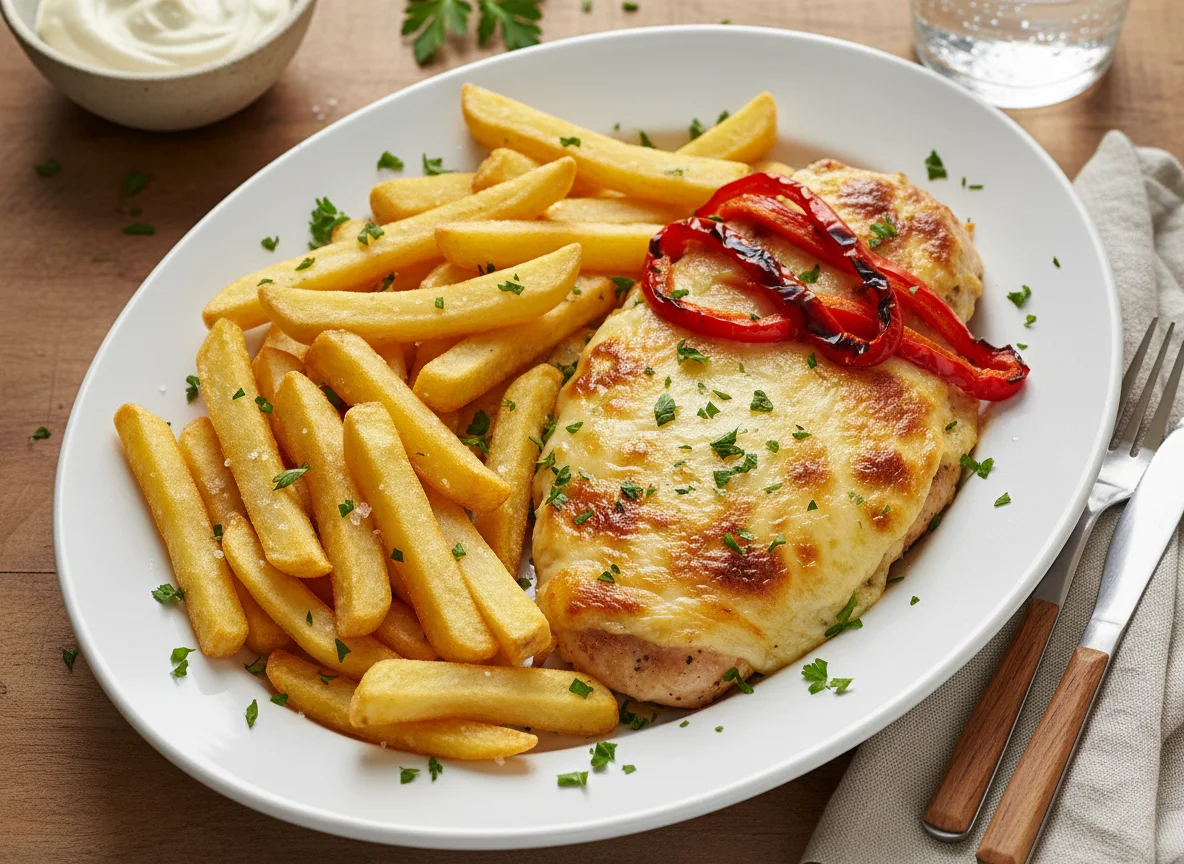 Pollo gratinado con patatas fritas photo