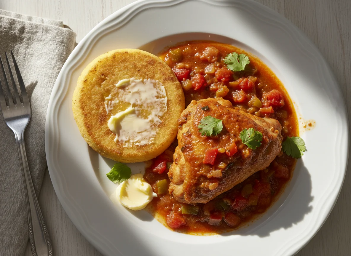 Pollo guisado con arepa photo