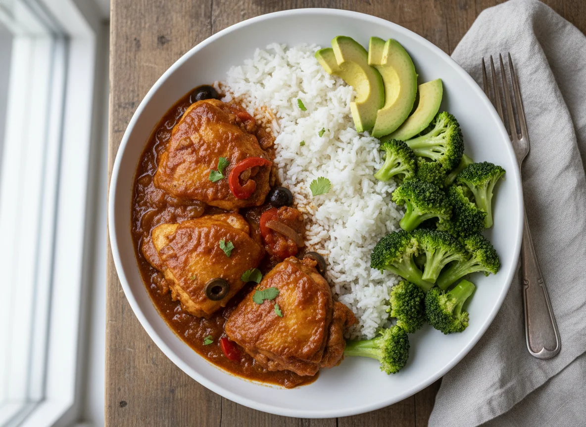 Pollo guisado con arroz, aguacate y brócoli photo
