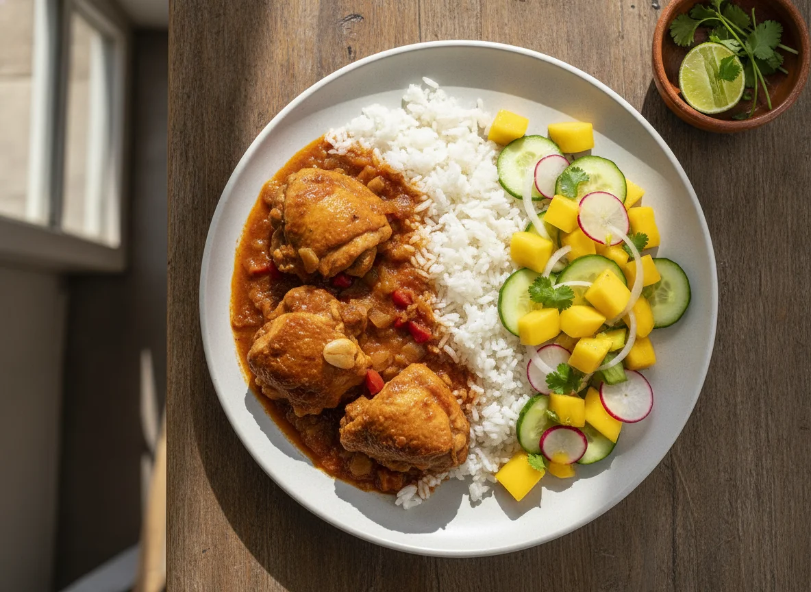 Pollo guisado con arroz blanco y ensalada de mango photo