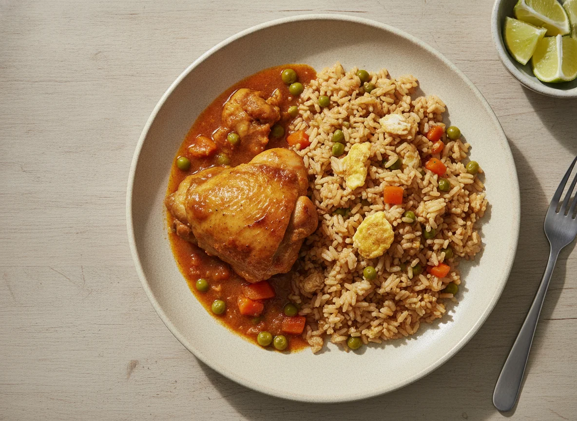 Pollo guisado con arroz chaufa photo