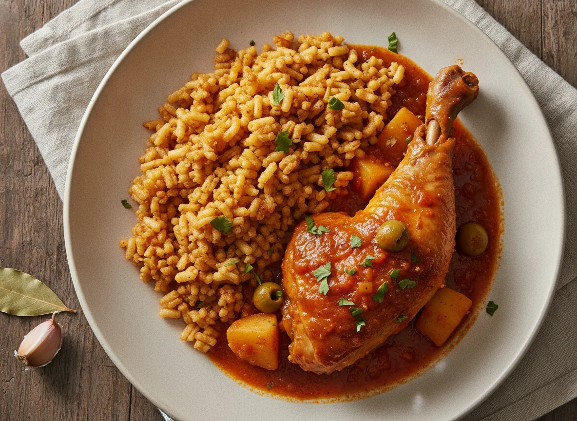 Pollo guisado con arroz de fideo photo