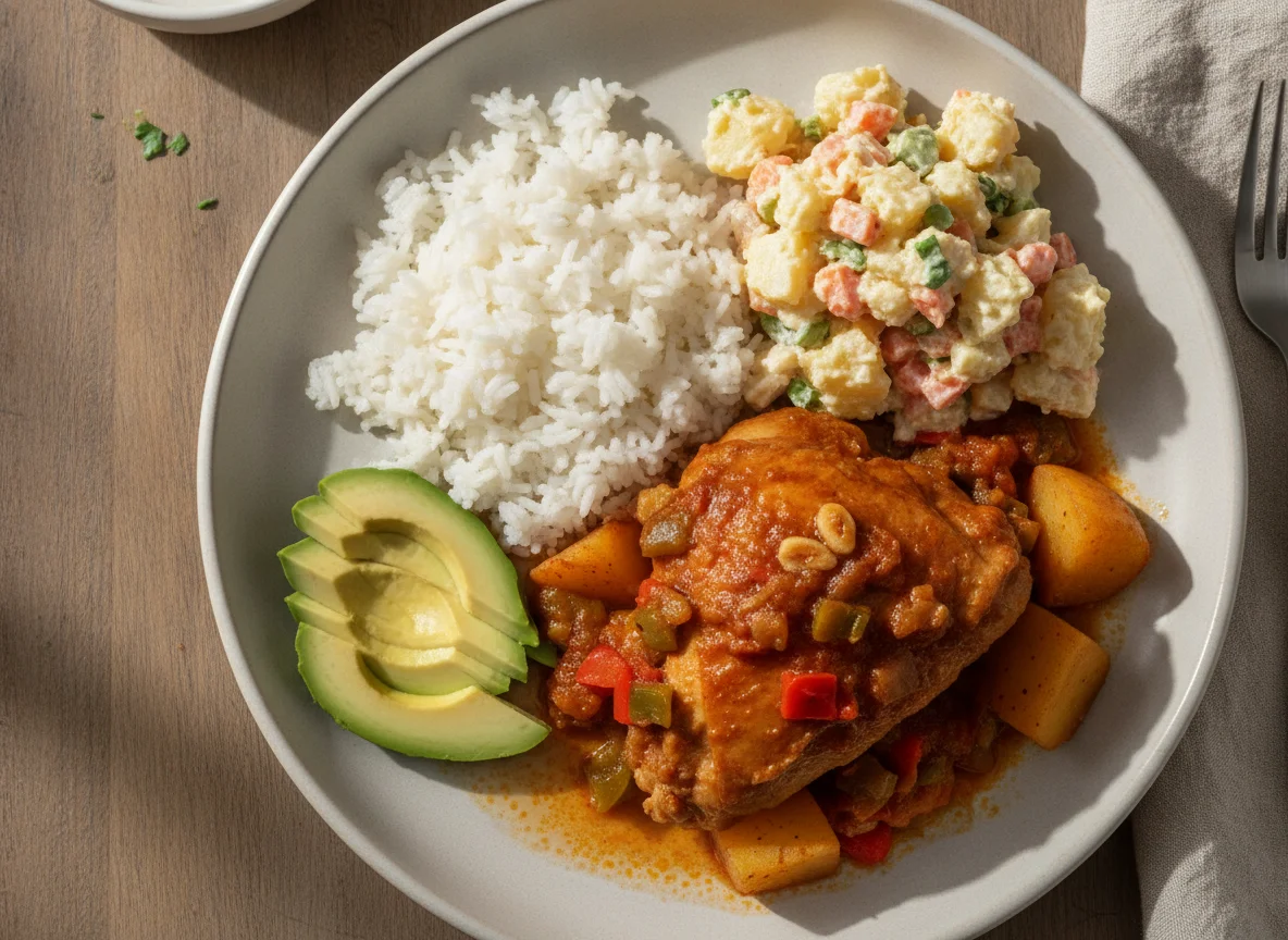 Pollo guisado con arroz, ensalada y aguacate photo